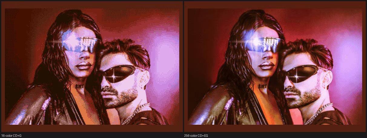Another frame off the disc: 16-color CD+G on the left, 256-color CD+EG on the right