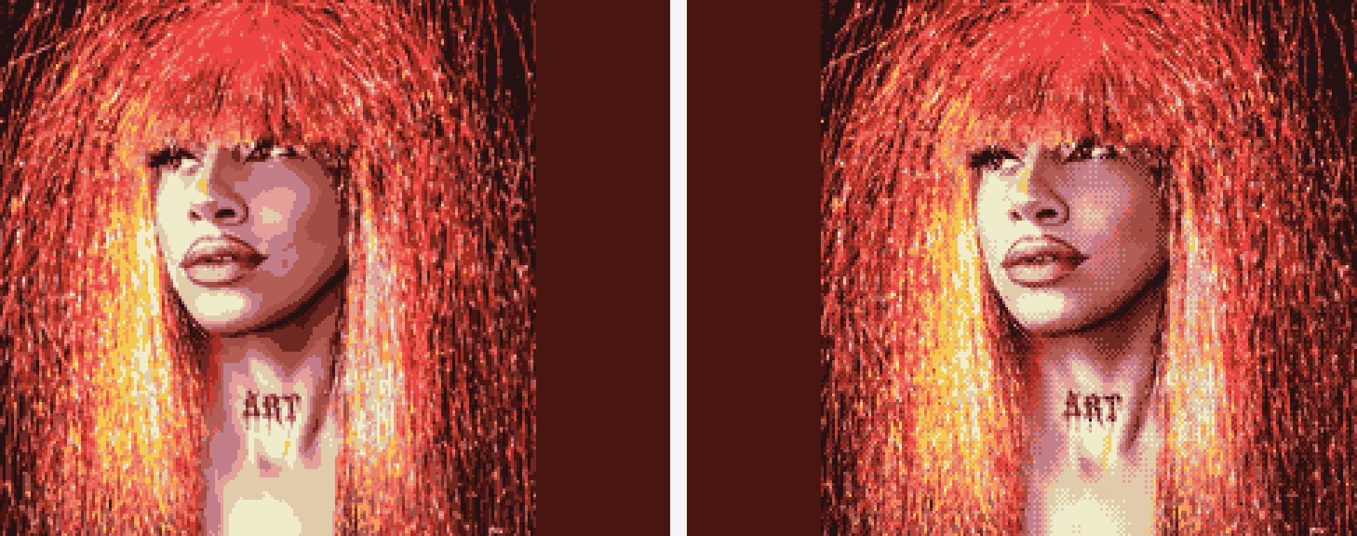 Same 16 colors twice: flat nearest-color assignment on the left, the slow dither on the right