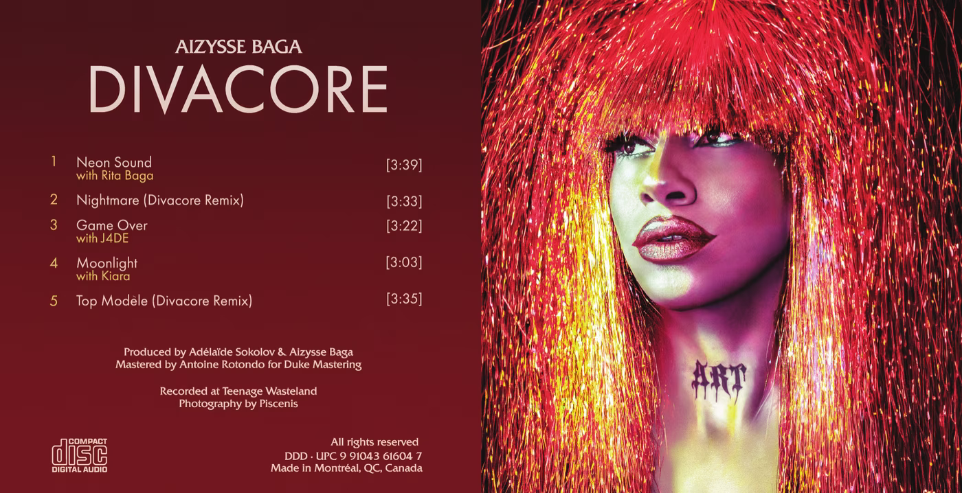 Divacore mini-CD jacket: tracklist and credits on the left, cover photo on the right