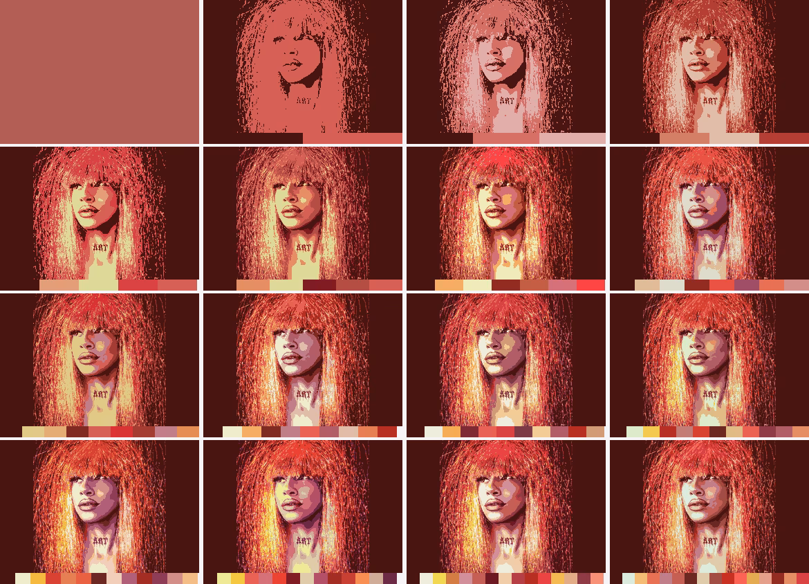 The palette growing from 1 to 16 colors on Aizysse's cover, with the palette strip under each step